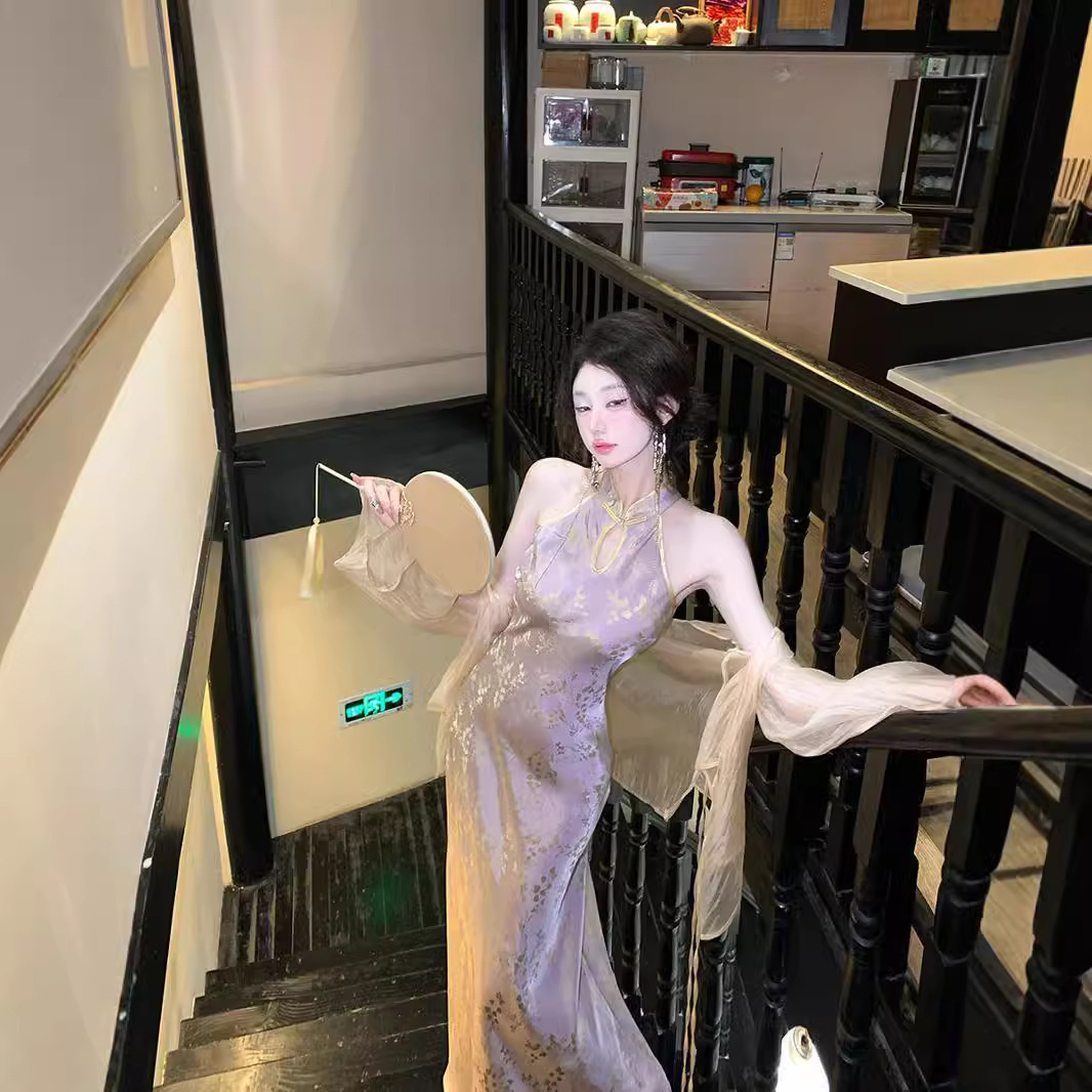 Sun雅乔【紫鸢】夏季新中式改良连衣裙紫色性感无袖长款旗...