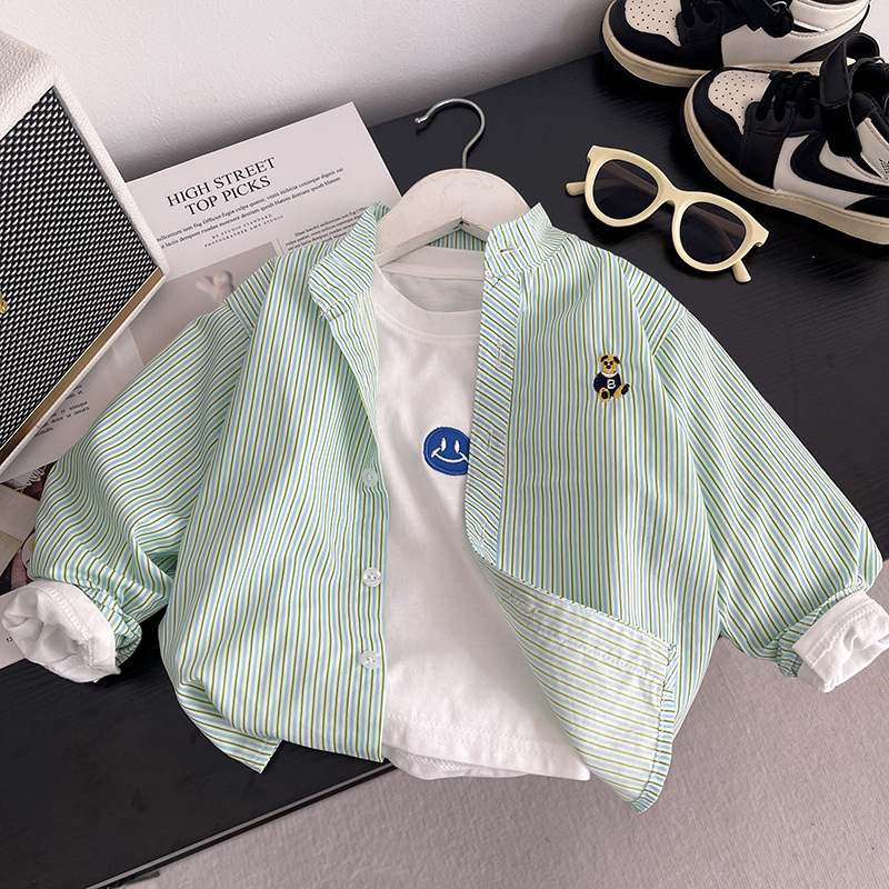 Camisa para niños primavera y otoño 2025 nuevo estilo a rayas para niños chaqueta de punto de manga larga Baita para niños con sal de otoño