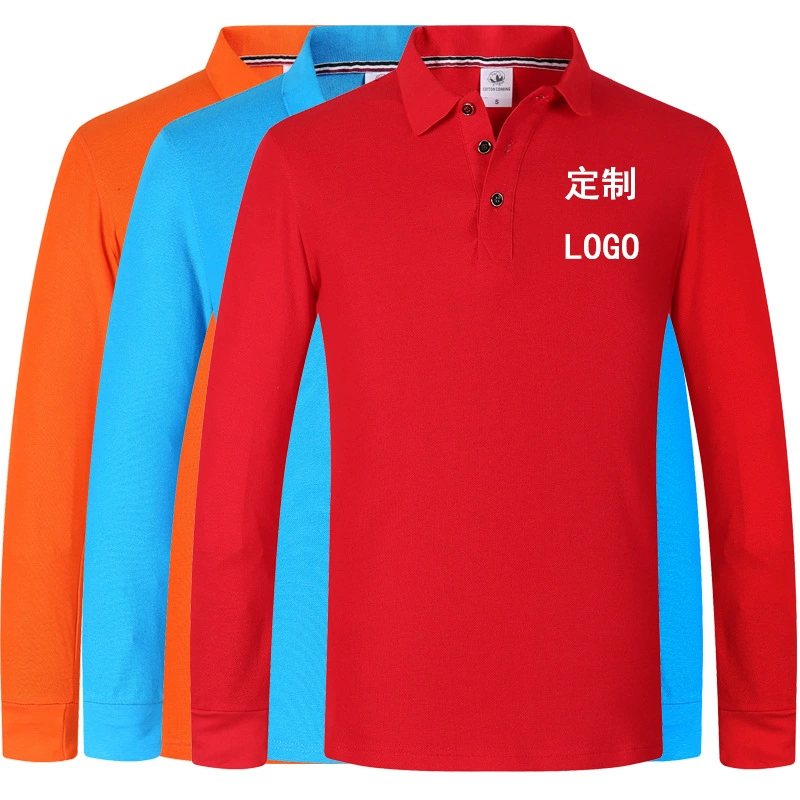 Весенняя и осенняя рубашка поло Футболка с длинным рукавом с отворотом Печатный логотип Корпоративное питание Гостиничная рабочая одежда Командная рекламная рубашка