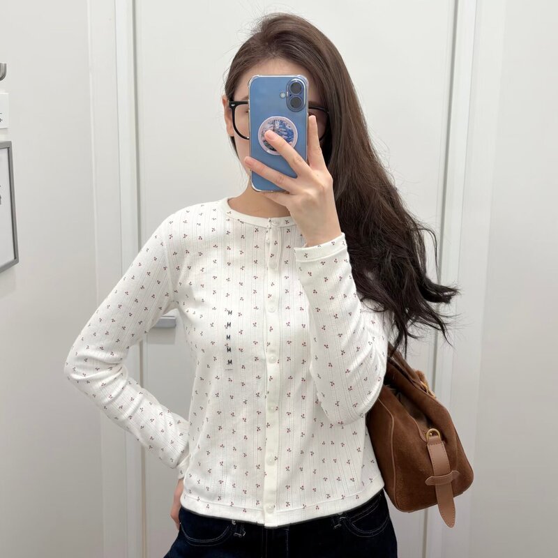 Women's Jacquard Ribbed Printed Cardigan Long-Sleeved Round Neck Bottoming Shirt Small Floral Cardigan Spring New Cotton 485717 Women's Jacquard Ribbed Printed Cardigan Long-Sleeved Round Neck Bottoming Shirt Small Floral Cardigan Spring New Cotton 485717