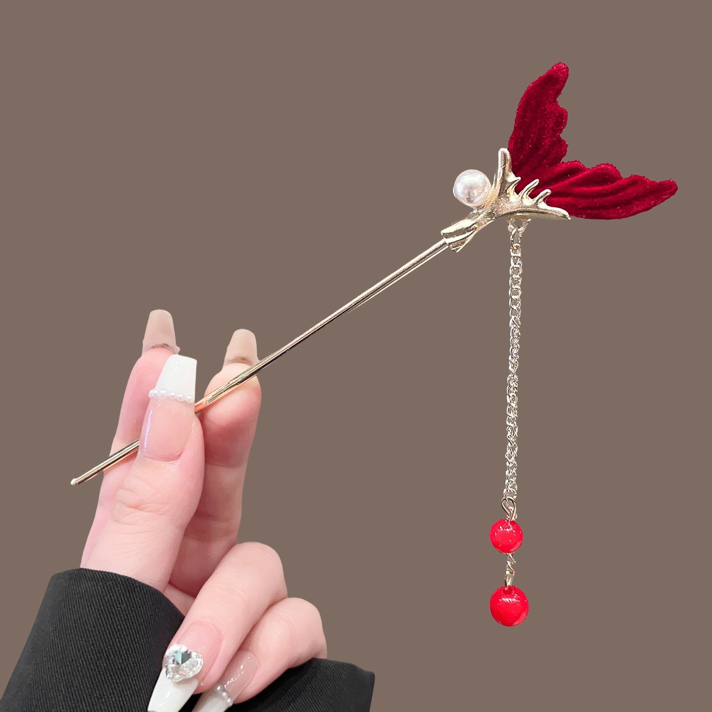 Red Chinese hairpin with tassels