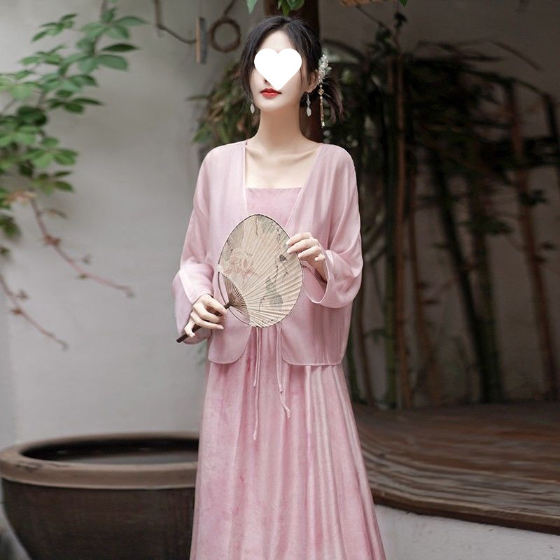 Chinese-Style Zen Women's Clothing, New Chinese-Style Improved Han Dynasty Suit, Autumn Gentle Tea-Style Dress with Cardigan