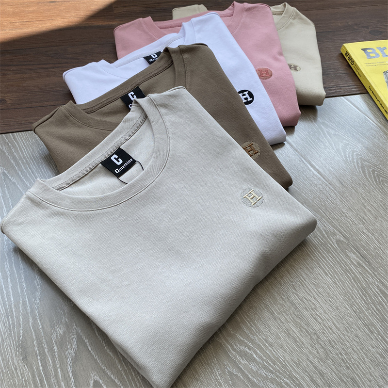 Cattle! Heavy double-sided twill pure cotton foreign trade Men's factory tail goods Men's loose shoulder round neck T-shirt