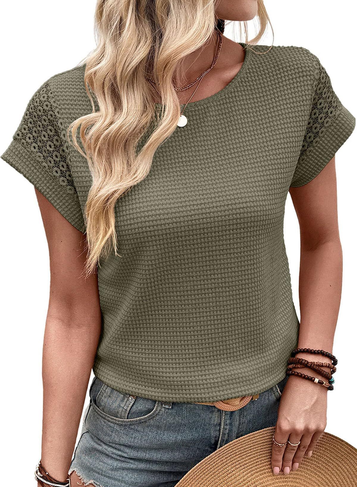 Summer Women's Round Neck T-Shirt Lace Hollow Out Short Sleeve Waffle Knit American Style New_ecoleips.com