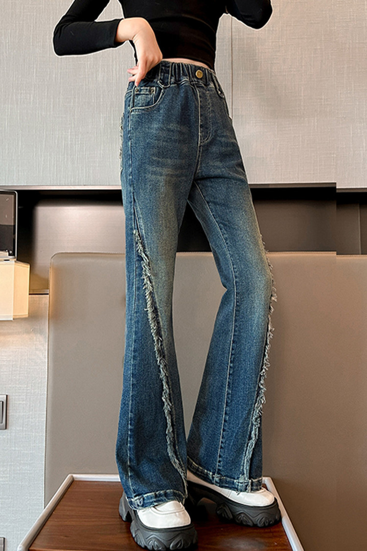 Jeans in denim effetto consumato per bambini con orlo grezzo e vestibilità comoda - Jeans elasticizzati in vita azzurri per ragazze, stile streetwear alla moda_voghion.com