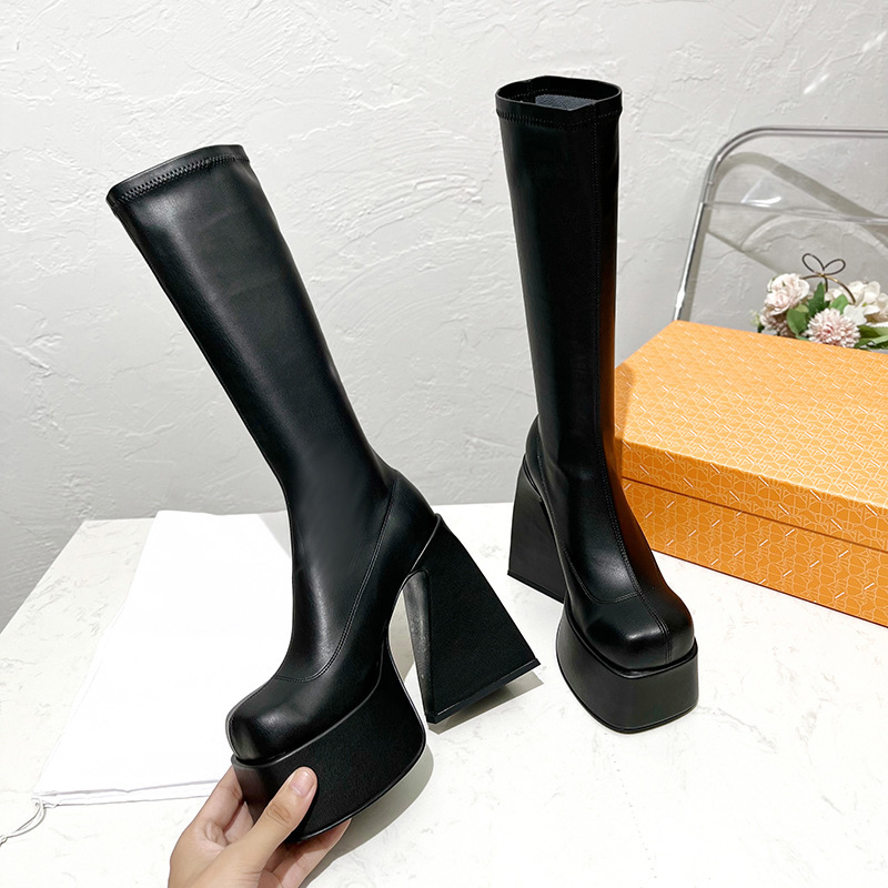 European and American High-Top Sexy Boots 2022 New Ultra-High-Heeled Thick-Soled Square-Toe Thick-Heeled Elastic Knee-High Boots