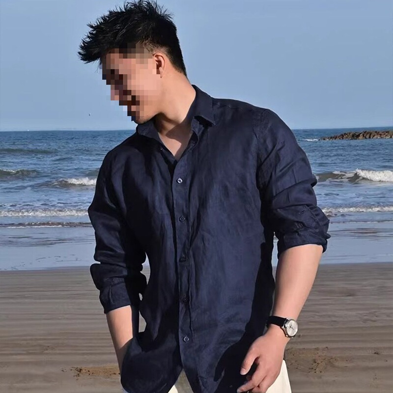 Linen Shirt for Men, Thin Style, Navy Blue, Long-Sleeved Shirt, American-Style Sun Protection Jacket, Old Money Style, Tough Guy Style, Summer