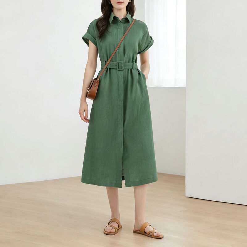 Xingeg Commuting Short Sleeve Shirt Dress for Women 2026 Summer New Slim Fit Waist-Tie Linen Mid-Length Dress Xingeg Commuting Short Sleeve Shirt Dress for Women 2026 Summer New Slim Fit Waist-Tie Linen Mid-Length Dress