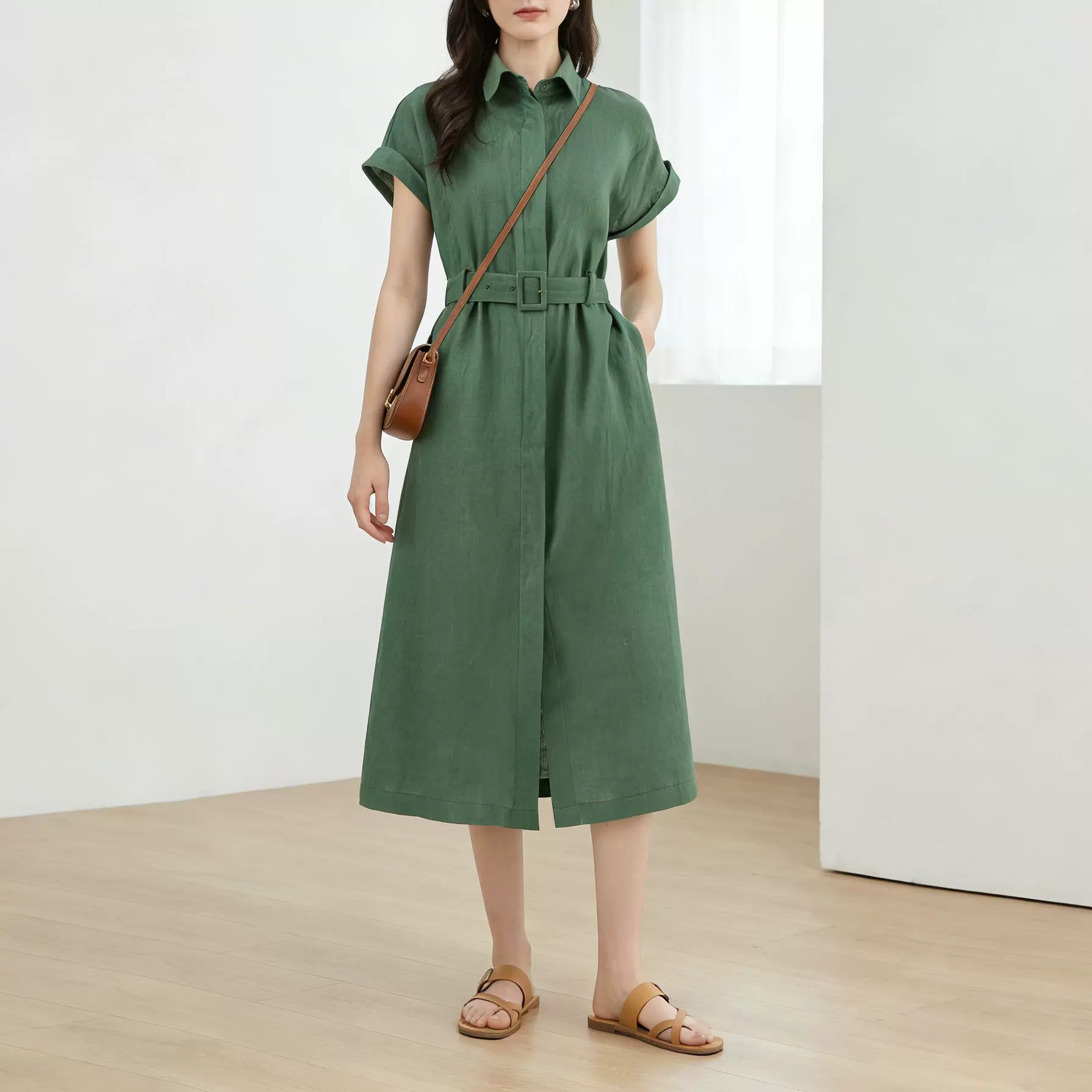 鑫阁通勤短袖衬衫连衣裙女2026夏季新款修身显瘦束腰亚麻中长裙子