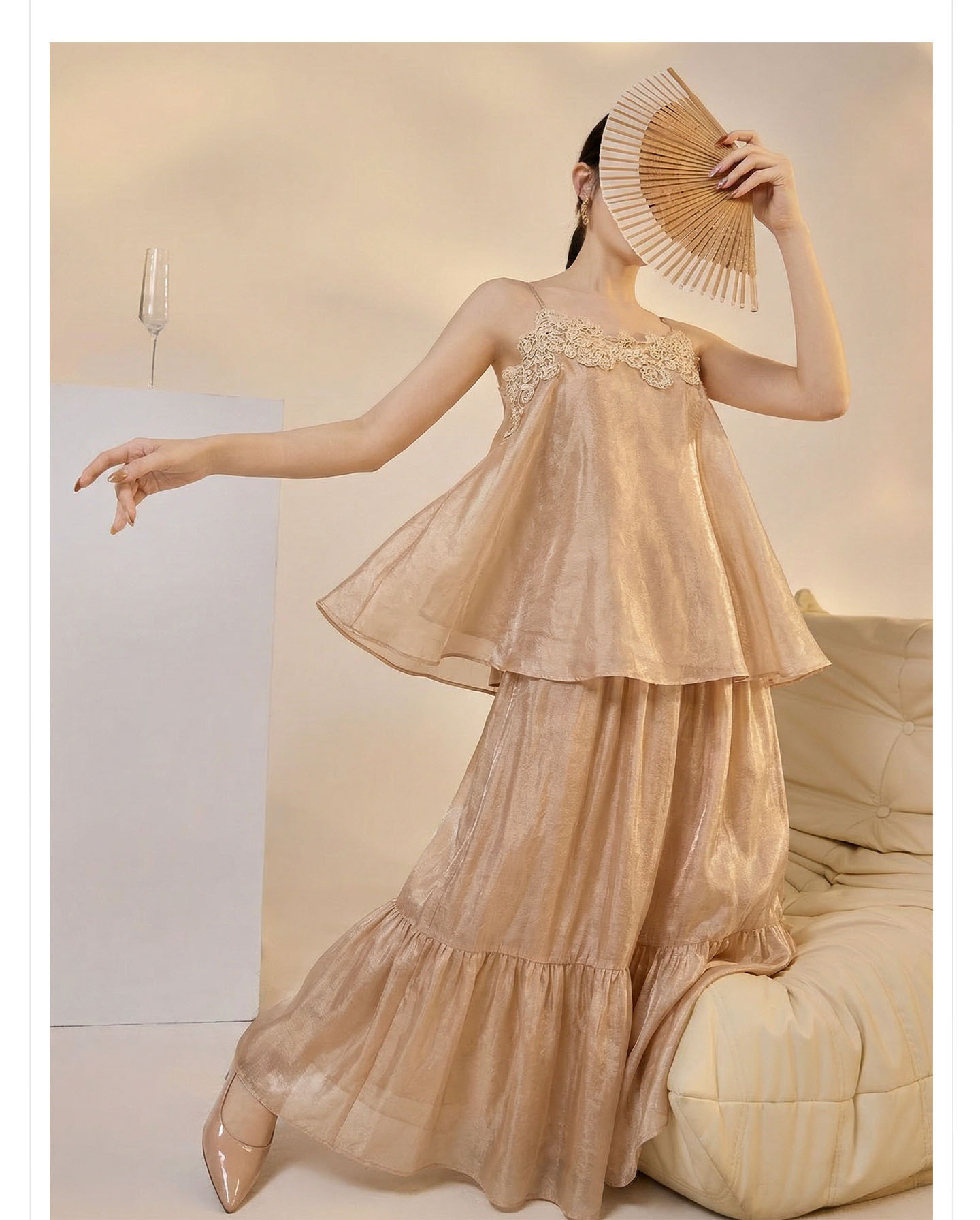 Bộ đầm maxi nữ thắt eo phong cách cổ điển Trung Hoa cao cấp (áo dây + chân váy) — nửa váy, Trang chủ chi tiết 4