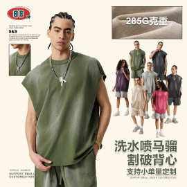 BE男装|2025夏季美式潮牌复古做旧坎肩割破背心男运动无袖男式T恤
