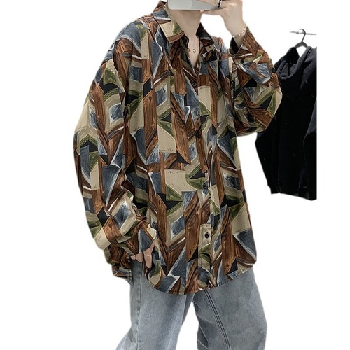 New autumn long-sleeved shirt for men Korean style trendy and versatile ins Hong Kong style loose casual and iron-free retro floral shirt