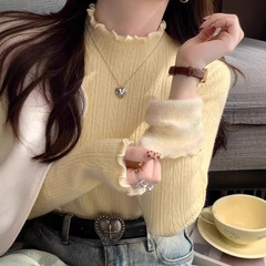 睛雅服饰黄色半高领毛衣女秋冬内搭冬季加绒加厚打底衫一体绒上衣