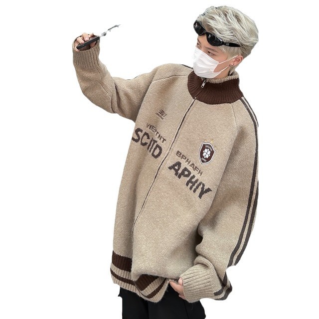 浅耀男装 | アメリカのレトロな立襟ニットの秋の高級感コート男性のゆるいカーディガンの怠惰なセーター