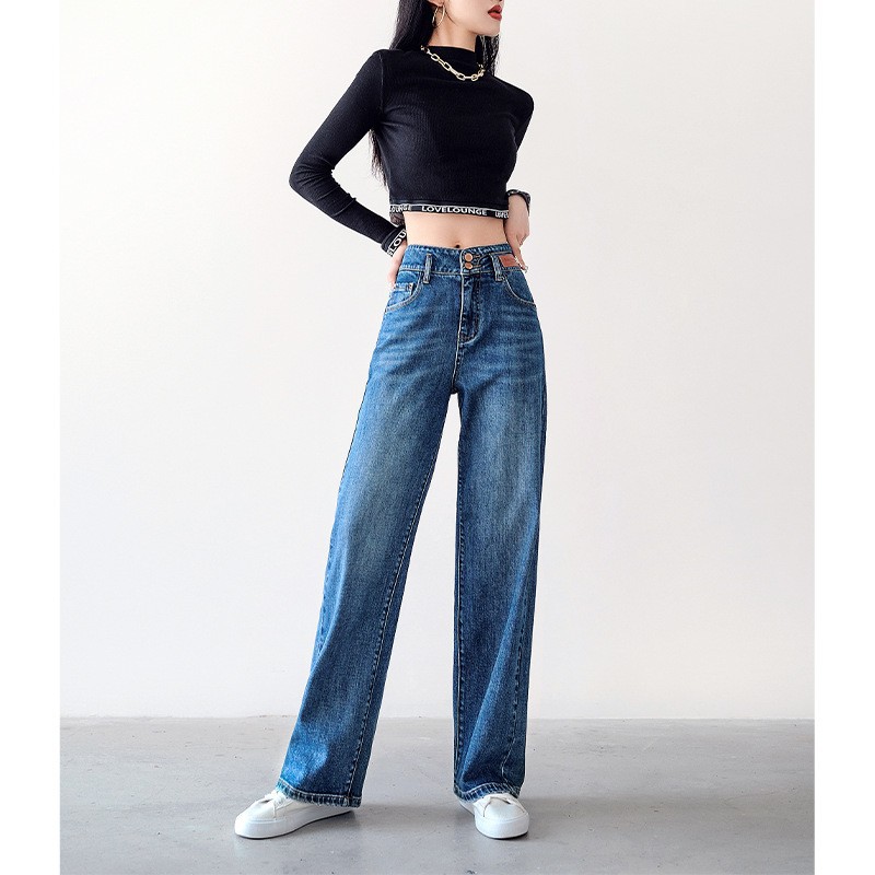 Qishang 2022 autumn and winter new high-waisted jeans women loose slimming pendant sense straight wide leg jeans women