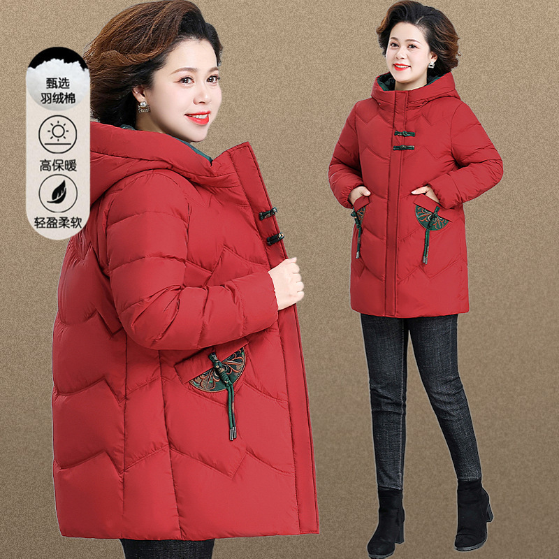 Mom's down cotton-padded coat Western style autumn and winter mid-length hooded cotton-padded coat middle-aged and elderly women's winter plus size warm cotton-padded jacket