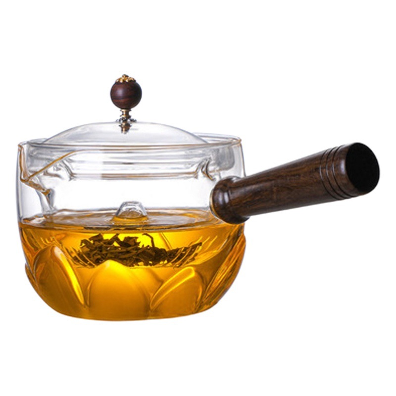 Mango lateral Xiaoyao tetera revestimiento 360 ° rotación vidrio borosilicato esmerilado patrón flor tetera té separador