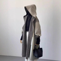 日系轻奢设计师款双面羊绒连帽大衣女2025秋冬季灰色渐变长款外套