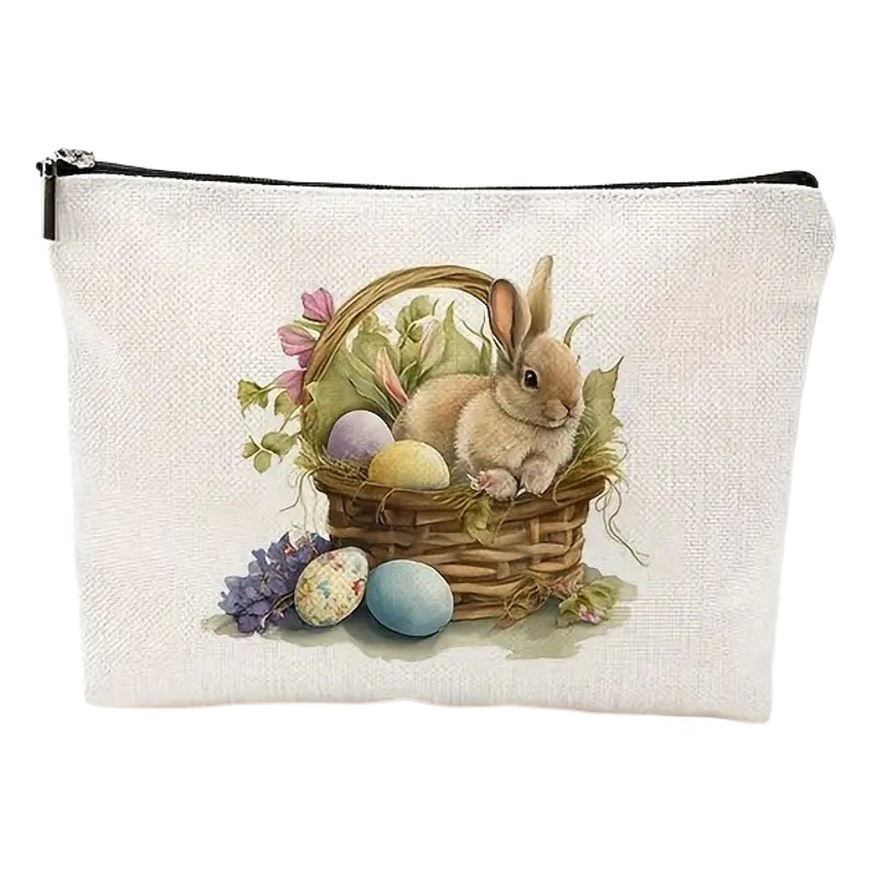 Transfronterizo Amazon Temu popular patrón de Pascua de lino de doble cara de impresión bolsa de cosméticos bolsa de cremallera para las mujeres