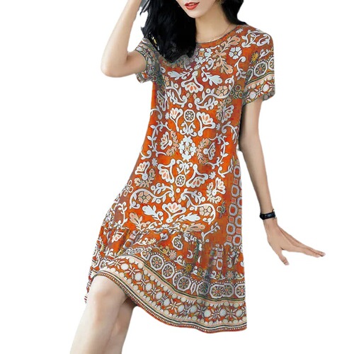 2025 Vintage Print Round Neck Imitation Ice Silk Loose Casual Five-Finger Sleeve Mid-Length Summer Slimming Dress for Women
