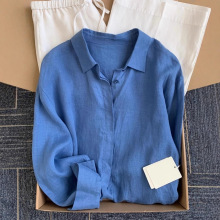 法式蓝色亚麻衬衫女夏季薄款宽松老钱风麻料衬衣长袖防晒棉麻上衣