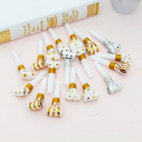 Manufacturer wholesale 6.5 cm hot stamping blow roll golden children's birthday party trumpet toy paper blow dragon whistle
