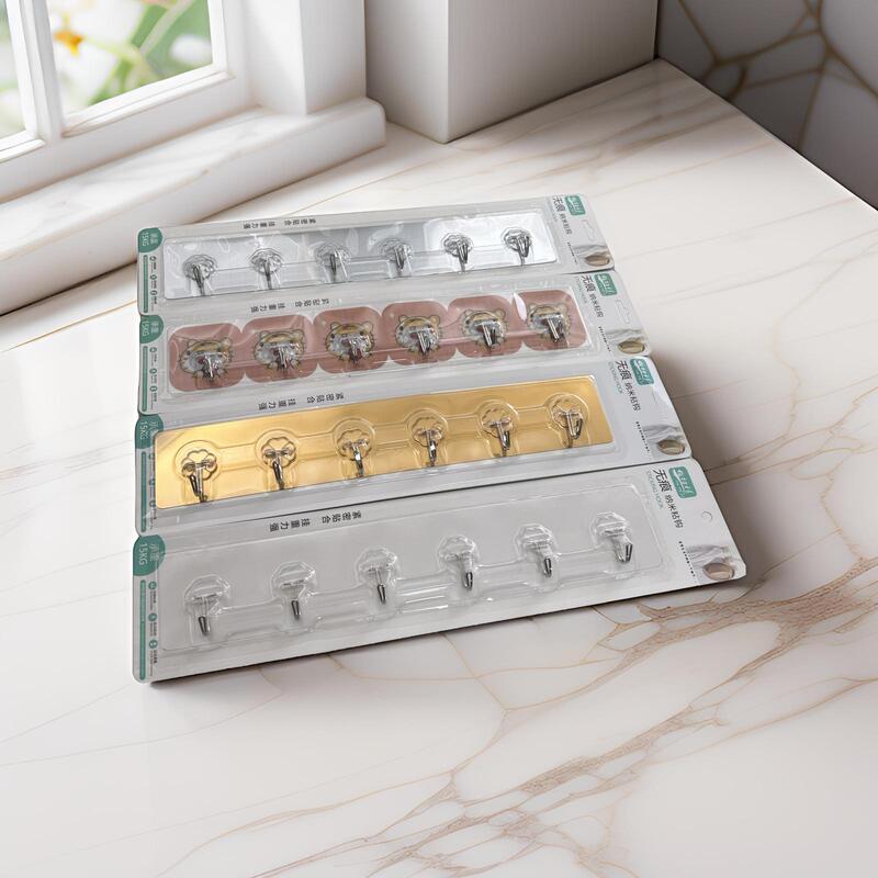 Transparent 6-Hook Traceless Adhesive Hooks, Gold and Silver 6-Row Hooks, Cartoon 6-Row Coat and Hat Hooks, Nail-Free Self-Adhesive