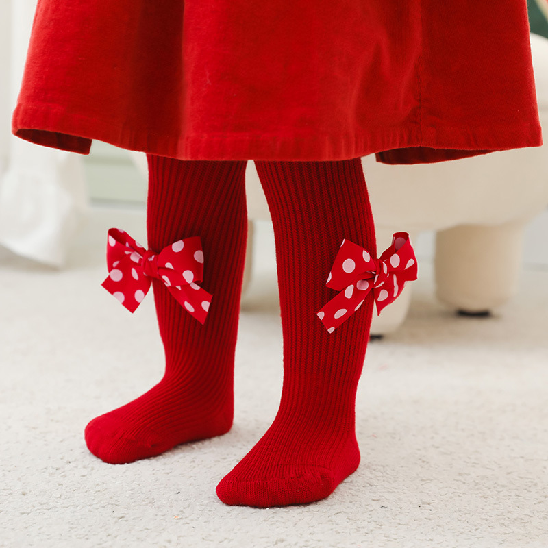 1440g Weight Full Length Pants Length Mid Waist Waist Line Christmas Cute Solid Color Bowknot Cotton Pants & Leggings
