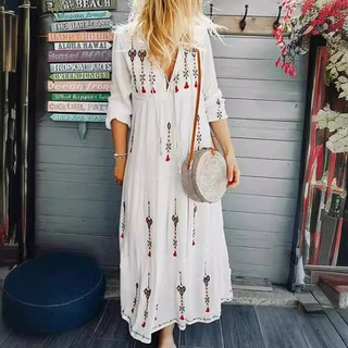 欧美外贸爆波西米亚定位印花短袖花朵拼接长裙时尚抽绳连衣裙