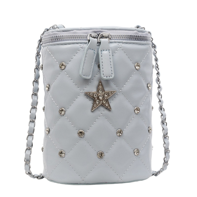 Versión coreana del pequeño bolso de cubo de viento de fragancia 2025 nuevo bolso femenino de cadena estilo extranjero bolso de hombro con diamantes bolso de mensajero de hilo bordado de diamantes