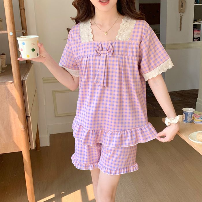 Venta al por mayor transfronteriza nueva versión coreana de encaje imitación algodón traje pijamas encaje verano chica pantalones cortos de manga corta traje de servicio a domicilio