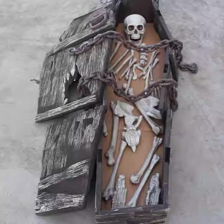 Decoraciones de terror de Halloween, ataúdes, adornos de esqueleto de momia, casas embrujadas, habitaciones para escapar, accesorios realistas aterradores, ataúdes de reunión de almas