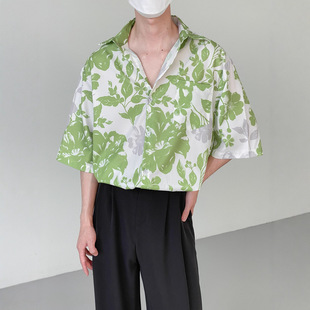 Foreign Trade Men's Hawaiian Beach Style Five-Quarter Sleeve Top Summer Thin Green Shirt Loose Small Batch Customization