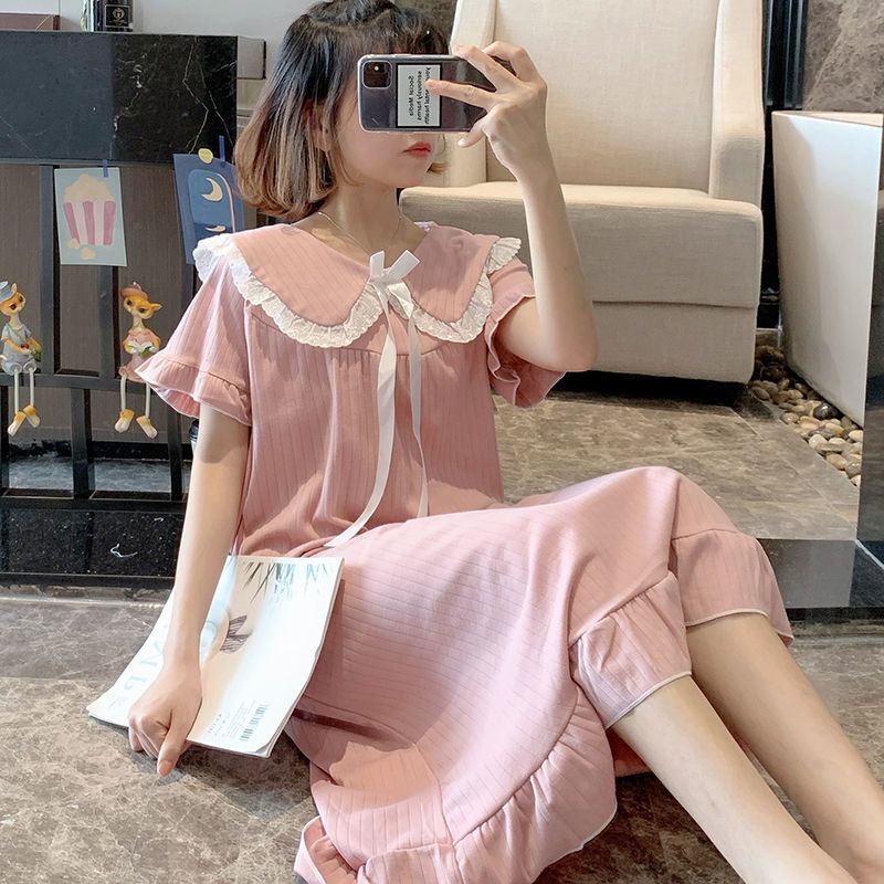 可爱日系甜美ins风长款睡裙女夏季短袖睡衣连衣裙家居服过膝长裙|undefined