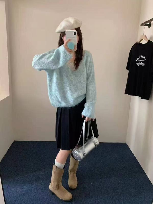 素色V领假两件针织衫女秋季叠穿新款软糯内搭套头毛衣温柔风女装|undefined
