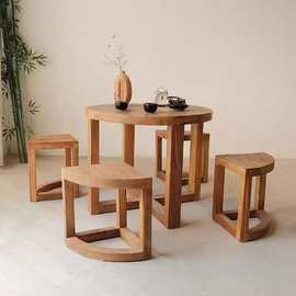 老榆木一桌四椅组合家用实木小茶桌简约小户型省空间圆桌三角凳
