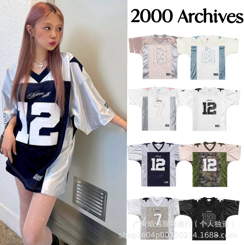 South Korea 2000Archives Yi Mengling's Same Style American Splicing Short-Sleeved Jersey T-Shirt Summer Seamless Delivery in Stock