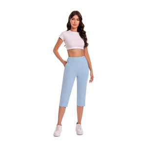 New European and American Cross-Border Women's Sports Pocket Casual Elastic Pants Large Size Cropped Yoga Pants Summer High Waist
