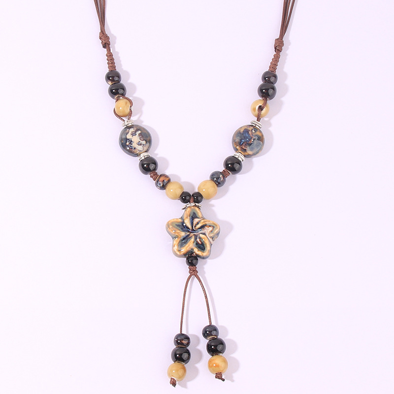 Wholesale Jewelry Retro Plaid Flower Rope Ceramics Long Necklace display picture 3