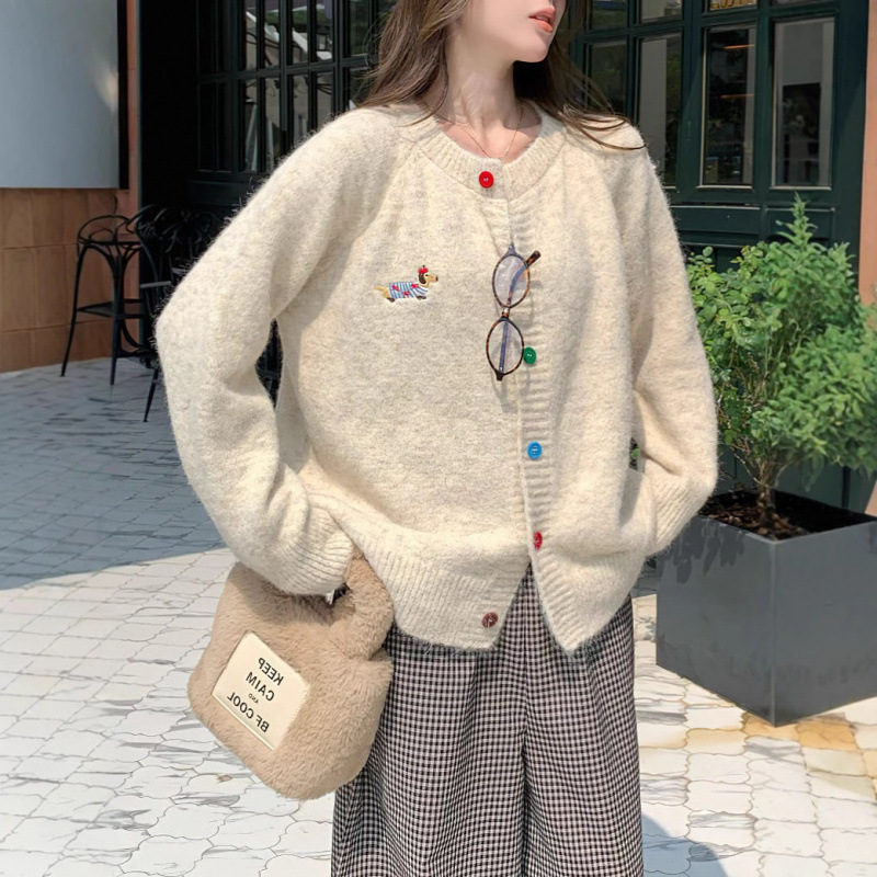 Sweet Round Neck Colorful Button Puppy Pattern Long-Sleeved Sweater Cardigan for Women 2025 Spring Korean Versatile Outwear Top for Women Sweet Round Neck Colorful Button Puppy Pattern Long-Sleeved Sweater Cardigan for Women 2025 Spring Korean Versatile Outwear Top for Women