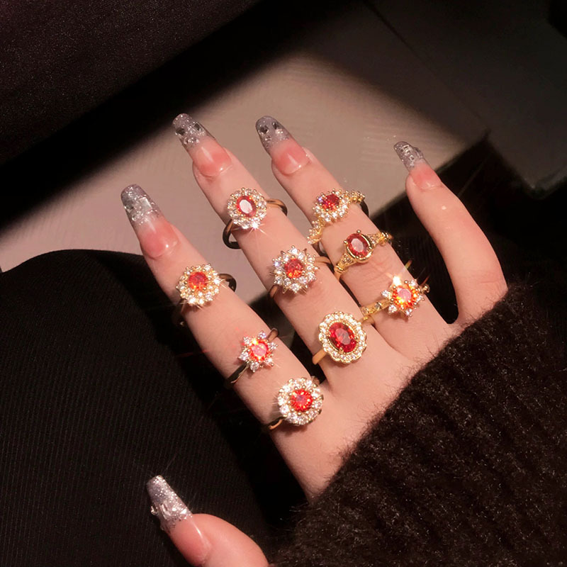 跨境歐美紅色微鑲滿鑽太陽花鋯石開口戒指輕奢小眾設計ins指環