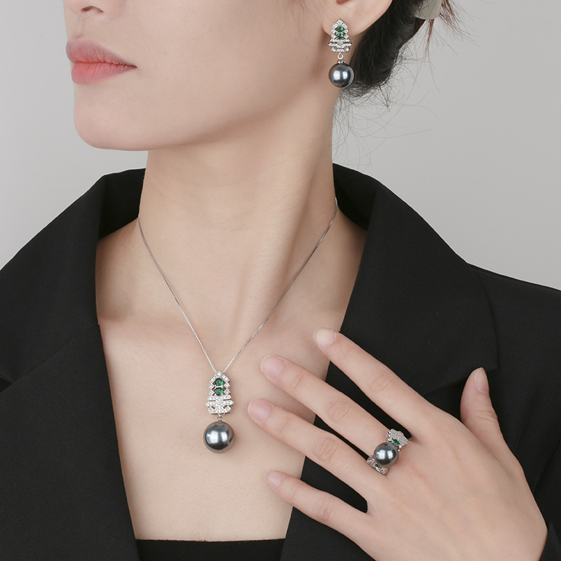 Producto popular Zhuangsheng Joyas Fondo de cobre chapado en oro con incrustaciones de perlas grises Conjunto de árbol de Navidad Mujer 16-12mm al por mayor