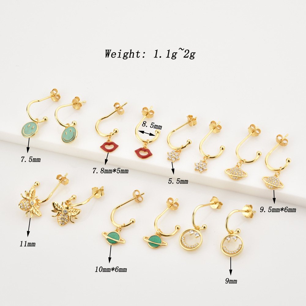 4g Weight 0.05µm-0.08µm Gold Plating Thickness 1 Pair 925 Sterling Silver Zircon Smile Face Planet Drop Earrings