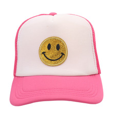 跨境笑臉網帽拼色歐美時尚鴨舌帽遮陽透氣拼色玫紅+白色