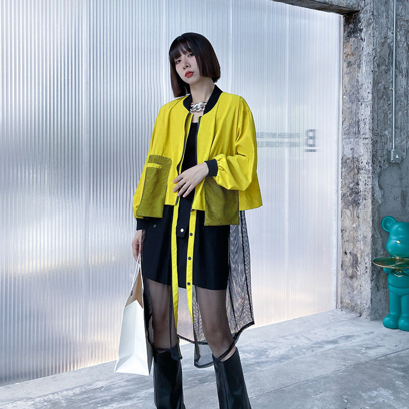 Japanese style street mesh stitching trench coat women's spring and autumn thin wide Songyang elegant cardigan jacket baseball uniform