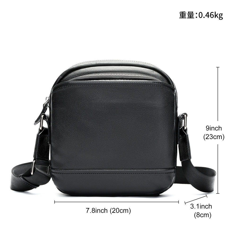 Túi đeo chéo nam da bò thật dáng đứng màu trơn chống nước, có ngăn vừa máy tính bảng 8 inch — màu đen