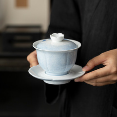 内绘蝶恋花釉下彩三才花口盖碗纯手绘家用大号泡茶杯陶瓷功夫茶具