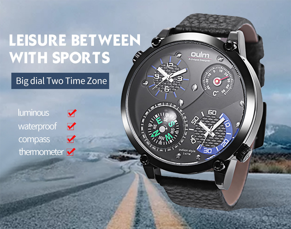 Men's Large Dual-time Watch With Genuine Leather And Compass_voghion.com