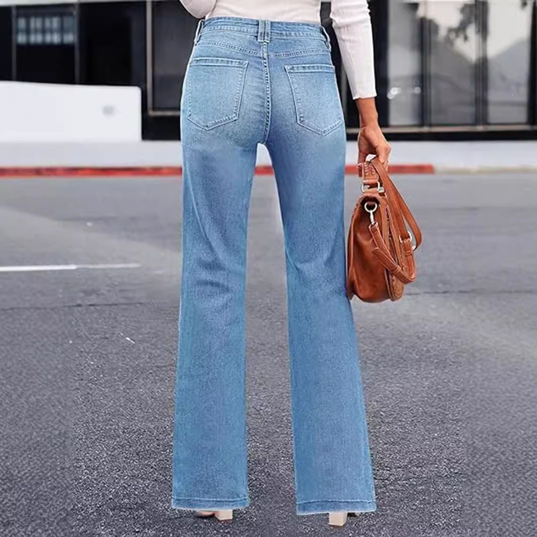 Jeans Acampanados de Tiro Alto para Mujer, Algodón y Spandex, Elástico, con Bolsillos