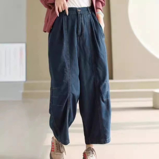 Autumn retro jeans, solid color trousers, loose fit, elastic waist